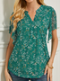 V Neck Short Sleeve Floral Regular Micro-Elasticity Loose Shirt For Women