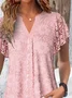 V Neck Short Sleeve Plain Regular Loose Blouse For Women