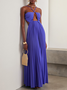 Women Plain Halter Sleeveless Comfy Vacation Ruched Maxi Dress