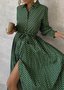 Women Polka Dots Shirt Collar Long Sleeve Comfy Elegant Maxi Dress