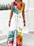 Women Sleeveless V Neck Loose Long Daily Casual Floral Natural Jumpsuit