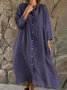 Women Plain Shirt Collar Three Quarter Sleeve Comfy Casual Midi Dress