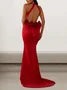 Women Plain Halter Long Sleeve Comfy Sexy Maxi Dress