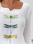 Notched Three Quarter Sleeve Dragonfly Regular Loose Shirt For Women