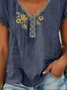 V Neck Short Sleeve Floral Embroidery Regular Loose Shirt For Women
