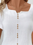 Notched Short Sleeve Plain Buckle Regular Loose Blouse For Women