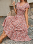 Women Ditsy Floral V Neck Short Sleeve Comfy Vacation Maxi Dress