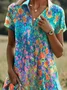 Women Floral Shirt Collar Short Sleeve Comfy Casual Midi Dress