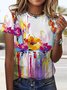 Casual Floral V Neck Short Sleeve T-shirt