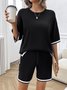 Women Color Block Crew Neck Short Sleeve Comfy Casual Top With Pants Two-Piece Set