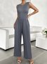 Women Sleeveless Crew Neck Regular Fit Long Pocket Stitching Daily Casual Plain Natural Jumpsuit