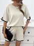 Women Color Block Crew Neck Short Sleeve Comfy Casual Top With Pants Two-Piece Set