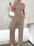 Women Sleeveless Crew Neck Regular Fit Long Pocket Stitching Daily Casual Plain Natural Jumpsuit