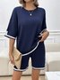 Women Color Block Crew Neck Short Sleeve Comfy Casual Top With Pants Two-Piece Set