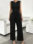 Women Sleeveless Crew Neck Regular Fit Long Pocket Stitching Daily Casual Plain Natural Jumpsuit