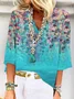 V Neck Three Quarter Sleeve Floral Regular Loose Blouse For Women