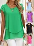 Crew Neck Petal Sleeve Short Sleeve Plain Regular Loose Shirt For Women