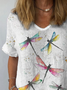 V Neck Short Sleeve Dragonfly Regular Micro-Elasticity Loose Blouse For Women