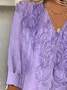 V Neck Half Sleeve Plain Embroidery Regular Loose Blouse For Women