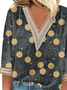 V Neck Half Sleeve Geometric Lace Lightweight Loose Blouse For Women