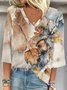 V Neck Three Quarter Sleeve Floral Regular Loose Blouse For Women