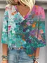 V Neck Three Quarter Sleeve Floral Regular Loose Blouse For Women