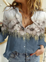 Shirt Collar Long Sleeve Landscape Print Regular Loose Shirt For Women