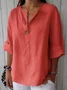 V Neck Three Quarter Sleeve Plain Buttoned Regular Loose TUNIC Blouse For Women