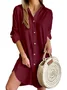 Women Plain V Neck Long Sleeve Comfy Casual Buckle Midi Dress