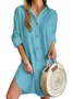 Women Plain V Neck Long Sleeve Comfy Casual Buckle Midi Dress