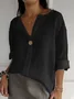 V Neck Three Quarter Sleeve Plain Buttoned Regular Loose TUNIC Blouse For Women