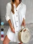 Women Plain V Neck Long Sleeve Comfy Casual Buckle Midi Dress