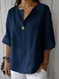 V Neck Three Quarter Sleeve Plain Buttoned Regular Loose TUNIC Blouse For Women