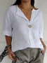 V Neck Three Quarter Sleeve Plain Buttoned Regular Loose TUNIC Blouse For Women