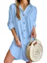 Women Plain V Neck Long Sleeve Comfy Casual Buckle Midi Dress