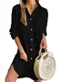 Women Plain V Neck Long Sleeve Comfy Casual Buckle Midi Dress