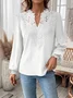 Notched Long Sleeve Plain Lace Regular Loose Blouse For Women