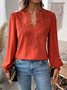 Notched Long Sleeve Plain Lace Regular Loose Blouse For Women