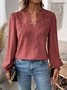 Notched Long Sleeve Plain Lace Regular Loose Blouse For Women