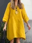 Women Plain Crew Neck Three Quarter Sleeve Comfy Casual Pocket Stitching Midi Dress