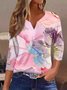 Casual Floral V Neck Three Quarter Sleeve T-shirt