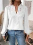 Notched Long Sleeve Plain Lace Regular Loose Blouse For Women