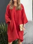 Women Plain Crew Neck Three Quarter Sleeve Comfy Casual Pocket Stitching Midi Dress