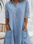 Women Plain Shirt Collar Half Sleeve Comfy Casual Pocket Stitching Midi Dress