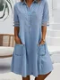 Women Plain Shirt Collar Half Sleeve Comfy Casual Pocket Stitching Midi Dress