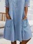 Women Plain Shirt Collar Half Sleeve Comfy Casual Pocket Stitching Midi Dress