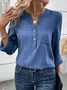 Notched Long Sleeve Plain Buckle Regular Loose TUNIC Blouse For Women