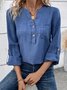 Notched Long Sleeve Plain Buckle Regular Loose TUNIC Blouse For Women