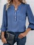 Notched Long Sleeve Plain Buckle Regular Loose TUNIC Blouse For Women