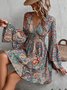 Women Ethnic V Neck Long Sleeve Comfy Casual Mini Dress